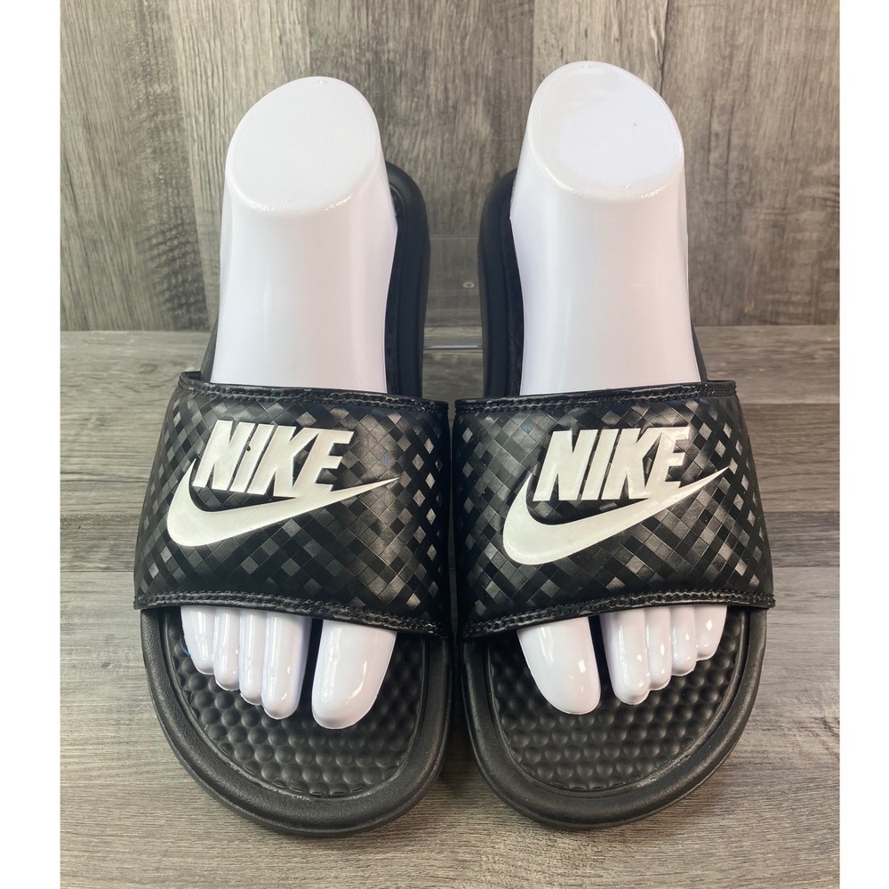 Nike Benassi JDI SE Black White Checkered Slides Sandals 343881-011 Womens 9